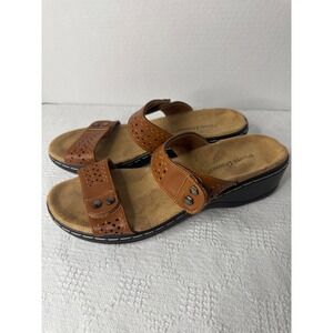 Pierre Dumas Women's Brown Leather Perforated Strap Wedge Sandals Size 8